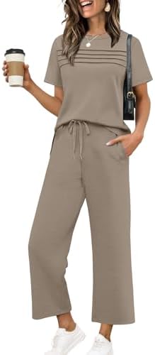 WIHOLL Two Piece Sets for Women Summer Spring Travel Vacation Outfits Short Sleeve Lounge Sets Side Slit Wide Leg Pants S-3XL