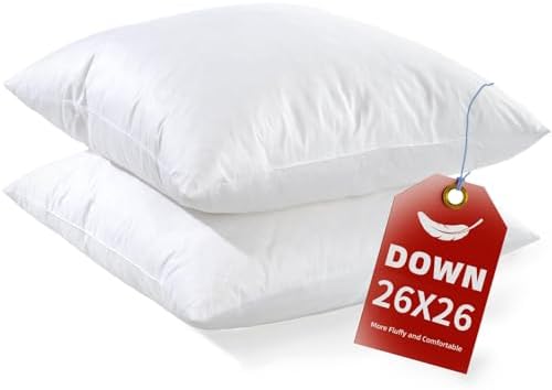 YSTHER 26x26 Euro Pillow Inserts Set of 2, Premium Down Feather Pillows with Cotton Cover, Hypoallergenic Machine Washable Fluffy Decorative Throw Pillows for Couch Bed White