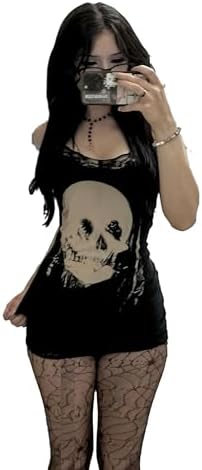 Gothic Skull Print Tank Dress, Black, Lace Trim, Fitted Style