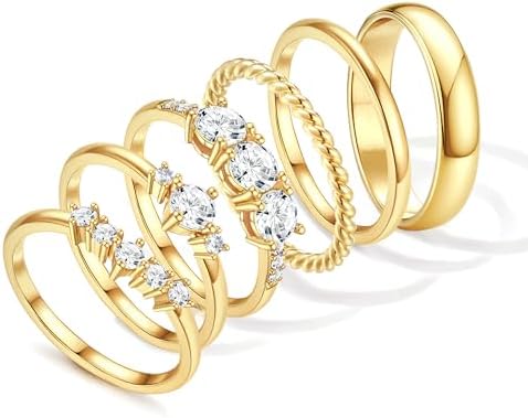 Besteel Gold Rings for Women - Non Tarnish 14K Gold Plated Stackable Rings, Dainty Cubic Zirconia Thin Thumb Ring Set, Trendy Statement Promise Wedding Bands Engagement Ring for Women Size 6-10
