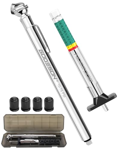 GODESON Tire Tread Depth Gauge & Pencil Tire Pressure Gauge 10-75 PSI, Calibrated to ANSI B40.1 Grade B(±2%), Color-Coded Tread Indicator, 4 Valve Caps & Storage Case, Tire Safety Kit for Cars, SUVs