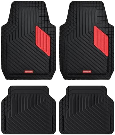 Coverado Heavy-Duty PVC Car Floor Mats Full Set – Red Metallic Heel Pad, All-Weather Protection for Front & Rear, Non-Slip Backing, Easy-to-Clean Liners, 4 Pcs