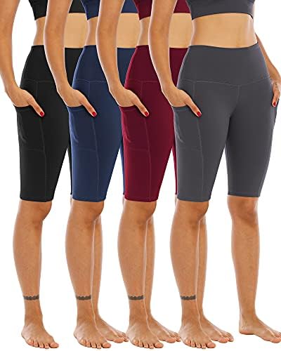 WHOUARE 4 Pack Biker Yoga Shorts with Pockets for Women,High Waisted Athletic Running Workout Gym Shorts Tummy Control