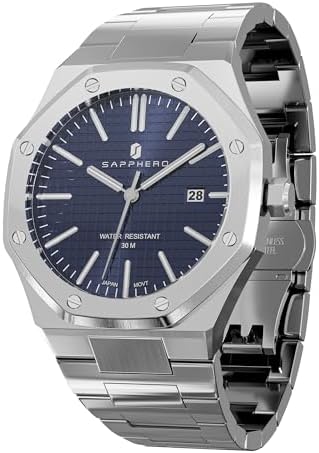 SAPPHERO Watches Men Octagonal Stainless Steel Waterproof Analog Japanese Quartz Wrist Watch Date Classic Business Luxury Watches for Men Elegant Gifts