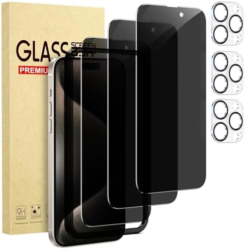 Cutebe [3+3 Pack Privacy Screen Protector for iPhone 15 Pro Max, 3 Anti-Spy Tempered Glass & 3 Camera Lens Protectors, Includes Easy Alignment Frame, 9H HD, Case Friendly