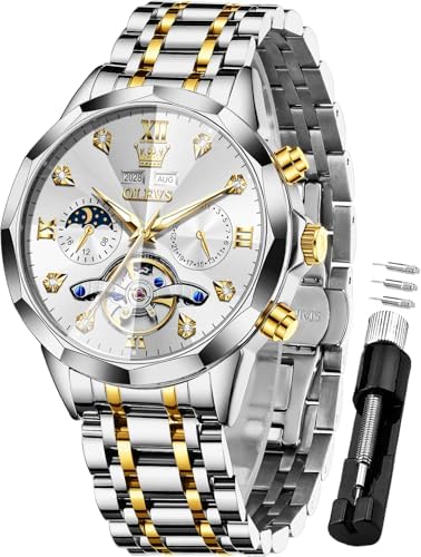 OLEVS Men Automatic Watch Diamond Skeleton Mechanical Luxury Self Winding Moon Phase Calendar Waterproof Wrist Watch for Men