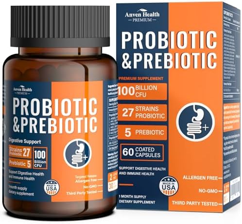 100 Billion Probiotics for Men and Women 27 Strains 5 Organic Prebiotics for Gut Digestive & Immune Health, Supports Diarrhea Gas Bloating, Non-GMO, Zero Fillers – Made in USA丨60 Caps