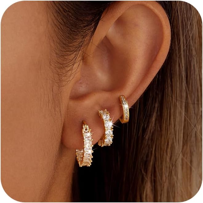 CAROVO 3 Pairs Gold\/Silver Hoop Earrings for Women Trendy Dainty 14K Gold Plated Cubic Zirconia Stud Earrings Huggie Hoop Earrings Stack for Multiple Piercing Jewelry