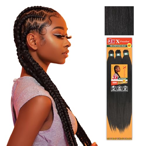 Sensationnel X-pression prestretched braiding hair - 3x braid 58 inch all kanekalon flame retardant synthetic braid for box braids and twists (3 pack, 1B OFFBLACK)