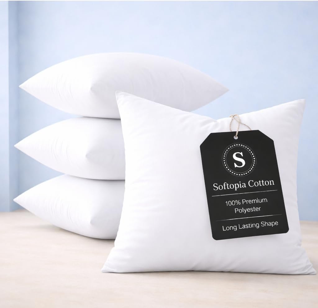 Softopia Cotton Throw Pillow Inserts (Pack of 4, 12"x12", Polyester) - Small Square Cushion Stuffers, Soft Decorative Pillow Forms, Perfect for Accent Chairs, Travel, Sofa, Couch, Living Room,