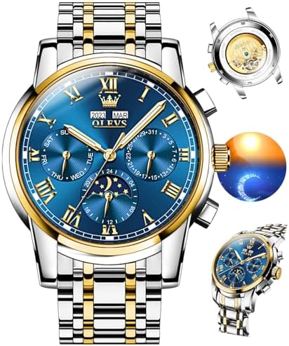 OLEVS Watch Men Automatic Watches for Men Luxury Mechanical Classic Stainless Steel Moon Phase Waterproof Dress Roman Numerals Big Face Chronograph Wrist Watch for Man
