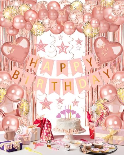 Lutoys Rose Gold Happy Birthday Party Decorations, Happy Birthday Banner, Rose Gold Foil Heart Star Confetti Balloons Curtain Backdrop Hanging Swirls Party Decor for Girls Women Princess