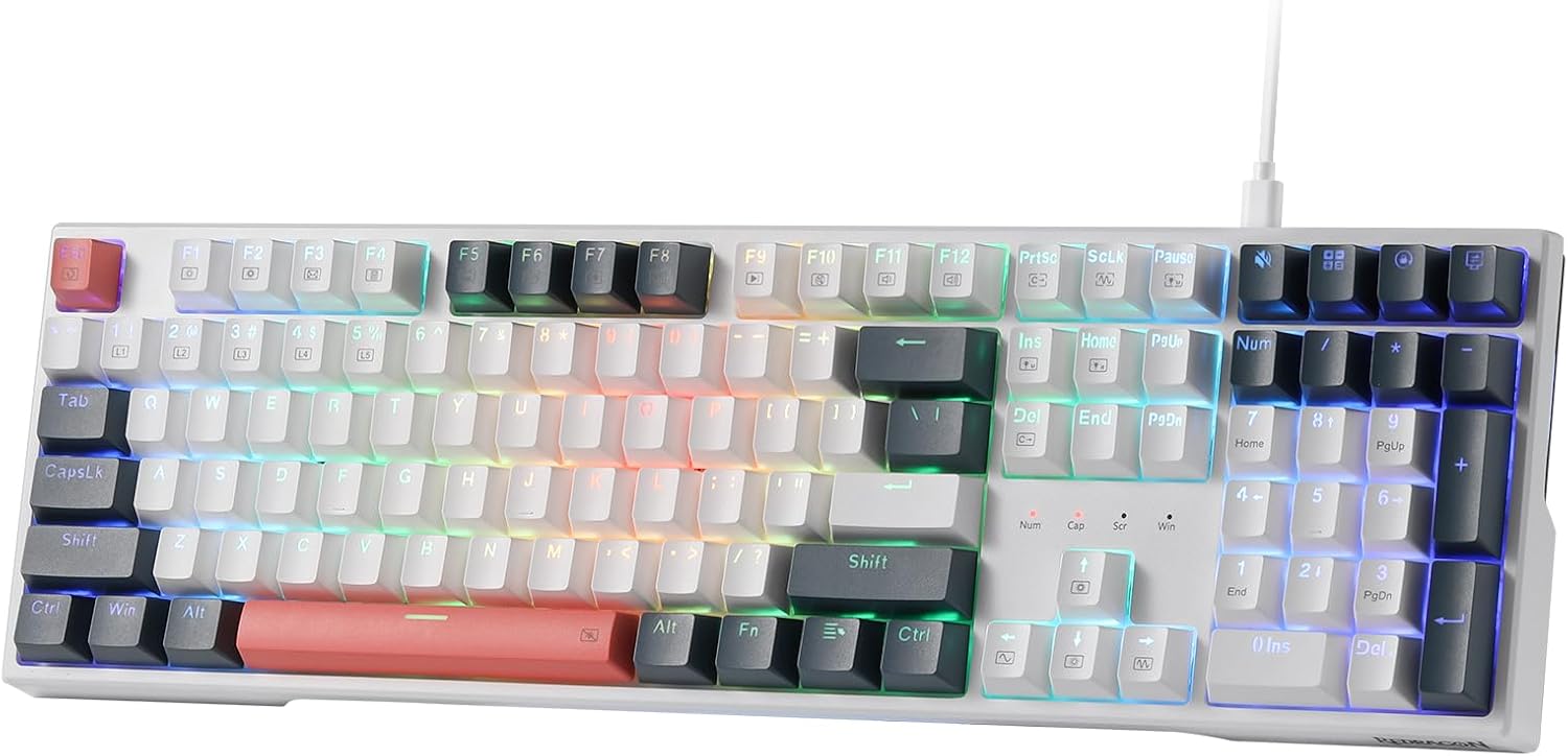 Redragon K668 RGB Gaming Keyboard, 108 Keys Wired Mechanical Keyboard w\/Extra 4 Hotkeys, Sound Absorbing Foams, Upgraded Hot-swappable Socket, Mixed Color Keycaps x 2 Sets, Red Switch