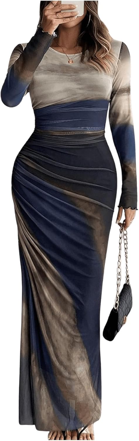 Women's Tie Dye Long Sleeve Maxi Dress Mesh Bodycon Ruched Night Out Formal Cocktail Long Dress for Wedding Guest Party