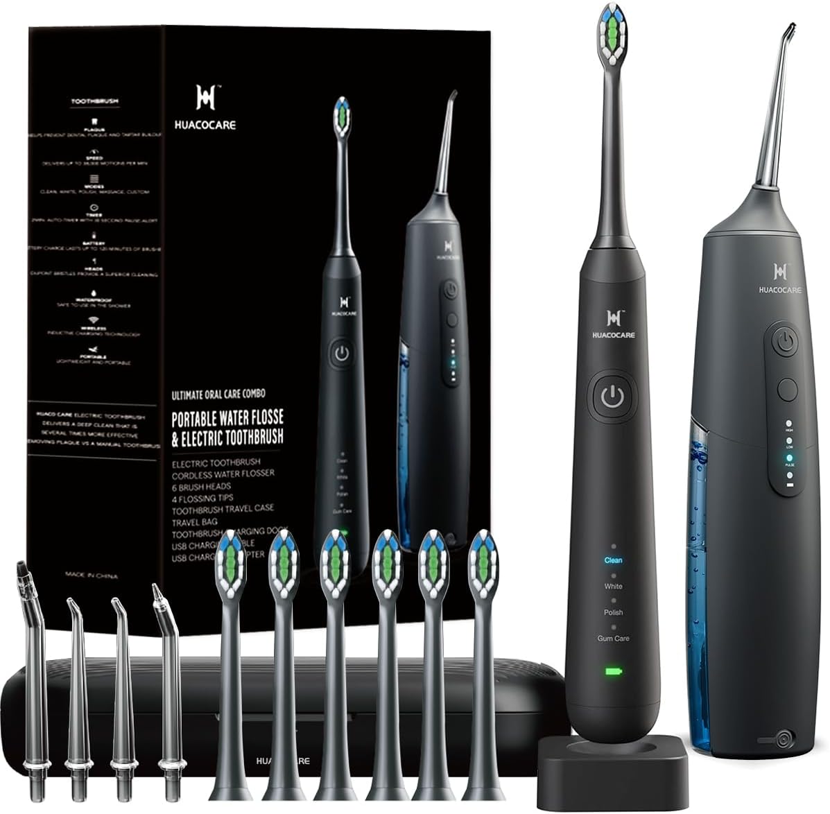 2-1 Oral Clean Kit- Water Dental flosser &amp; Electric Toothbrush Combo- Brushing &amp; Flossing- for Teeth Cleaning and Gum Health (Black)
