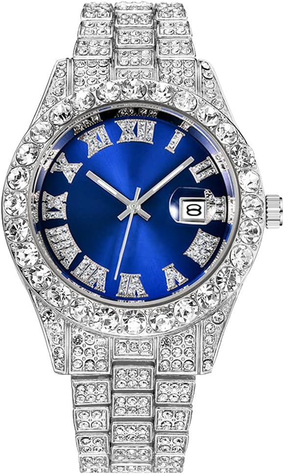 SENRUD Men's Diamond Watch Fashion Crystal Rhinestone Quartz Analog Watch Iced-Out Bracelet Wrist Watch