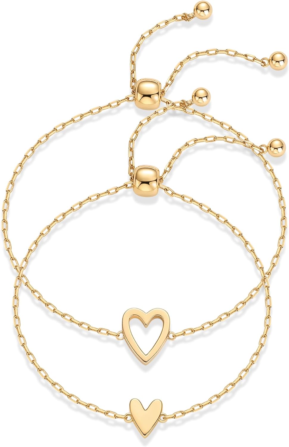 PAVOI 14K Gold Plated Matching Heart Charms Solitaire Bracelet Set for Women | Adjustable Valentines Day Love Friendship Two Bracelet Pack