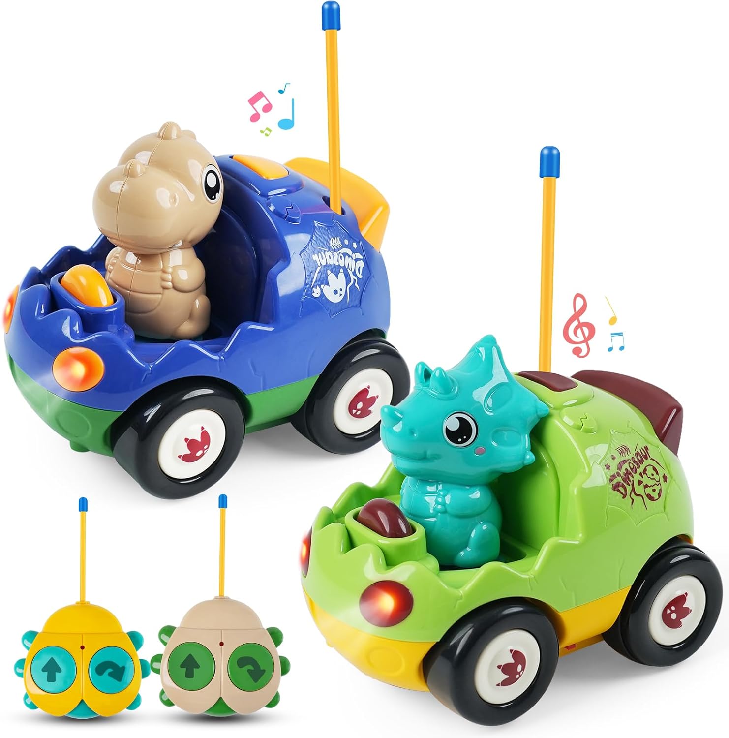 Gaitel 2-Pack RC Dinosaur Cars for Kids - Remote Control Dinosaur Toy Cars with Music and Lights, Birthday Gift Toy for Boys Ages 2 3 4 5 Year Old and Toddlers 18+ Months