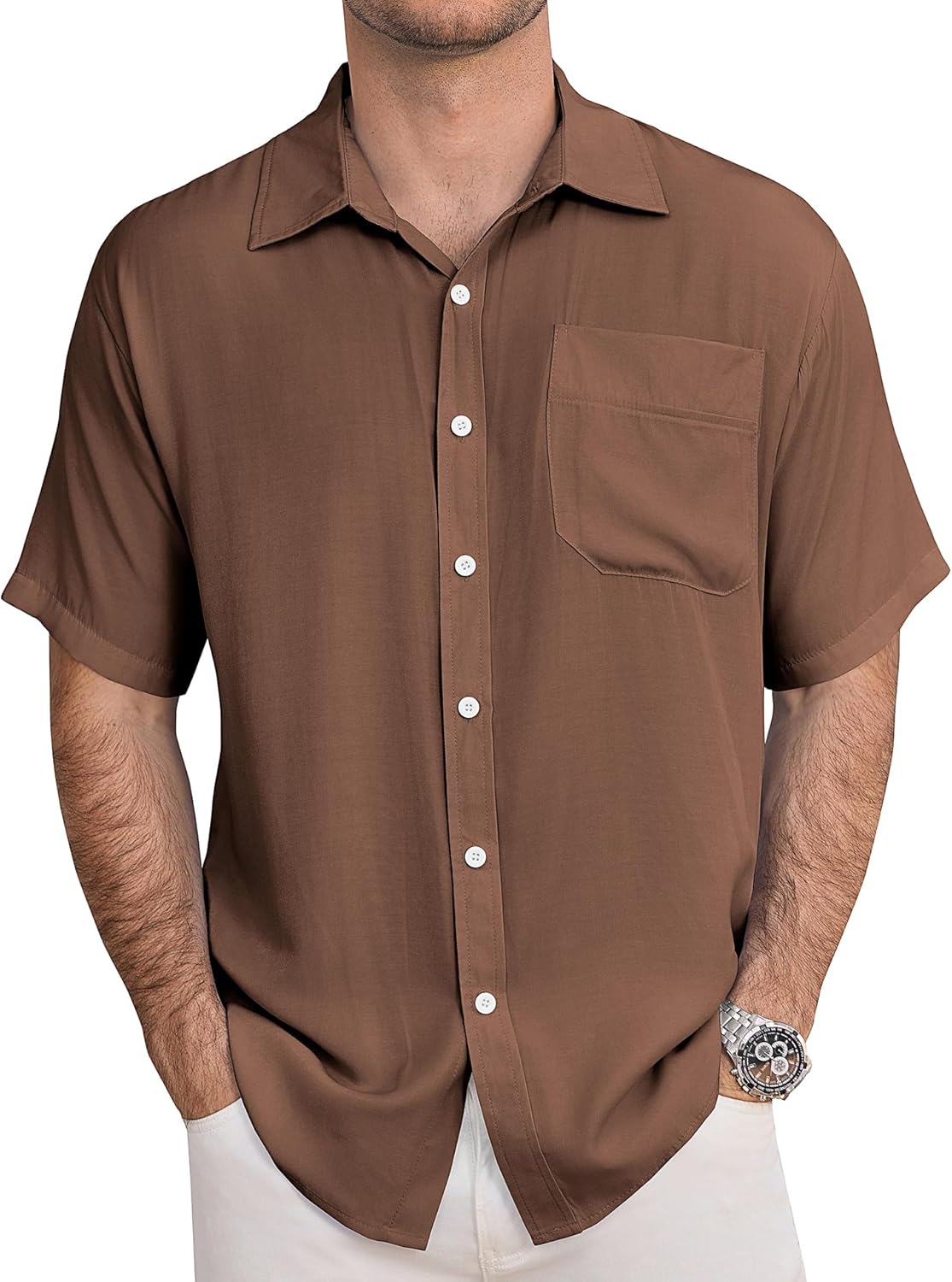 URRU Men's Shirts Casual Short Sleeve Button Down Shirt Summer Dress Shirts Loose Fit Beach Shirts Vacation Tops