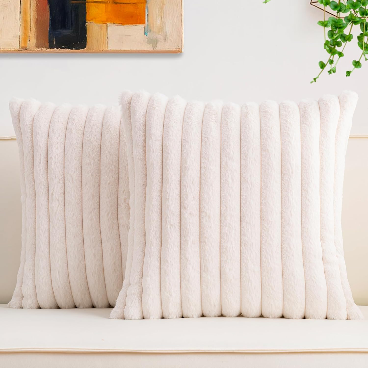 Aegero Pack of 2 Faux Fur Christmas Throw Pillow Covers 18x18 Inch, Soft Plush Striped Neutral Couch Pillow Cover, with Velvet Back Modern Home Decor for Sofa Living Room Couch Bed Cream White