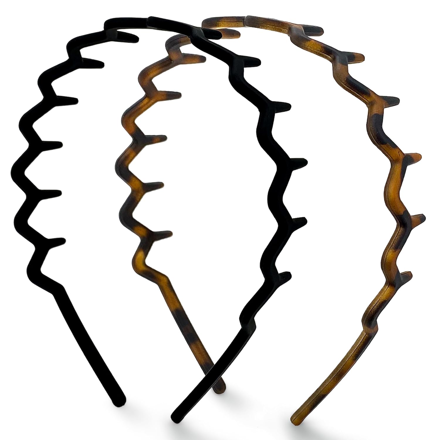 Kitsch Zig Zag Headbands for Women \u2013 Fashion Accessories for Slicked Back Styles - Comfortable Wavy Headbands | Comb Headband with Teeth | Ideal Gifts for Women - Black and Tortoise - 2 pcs