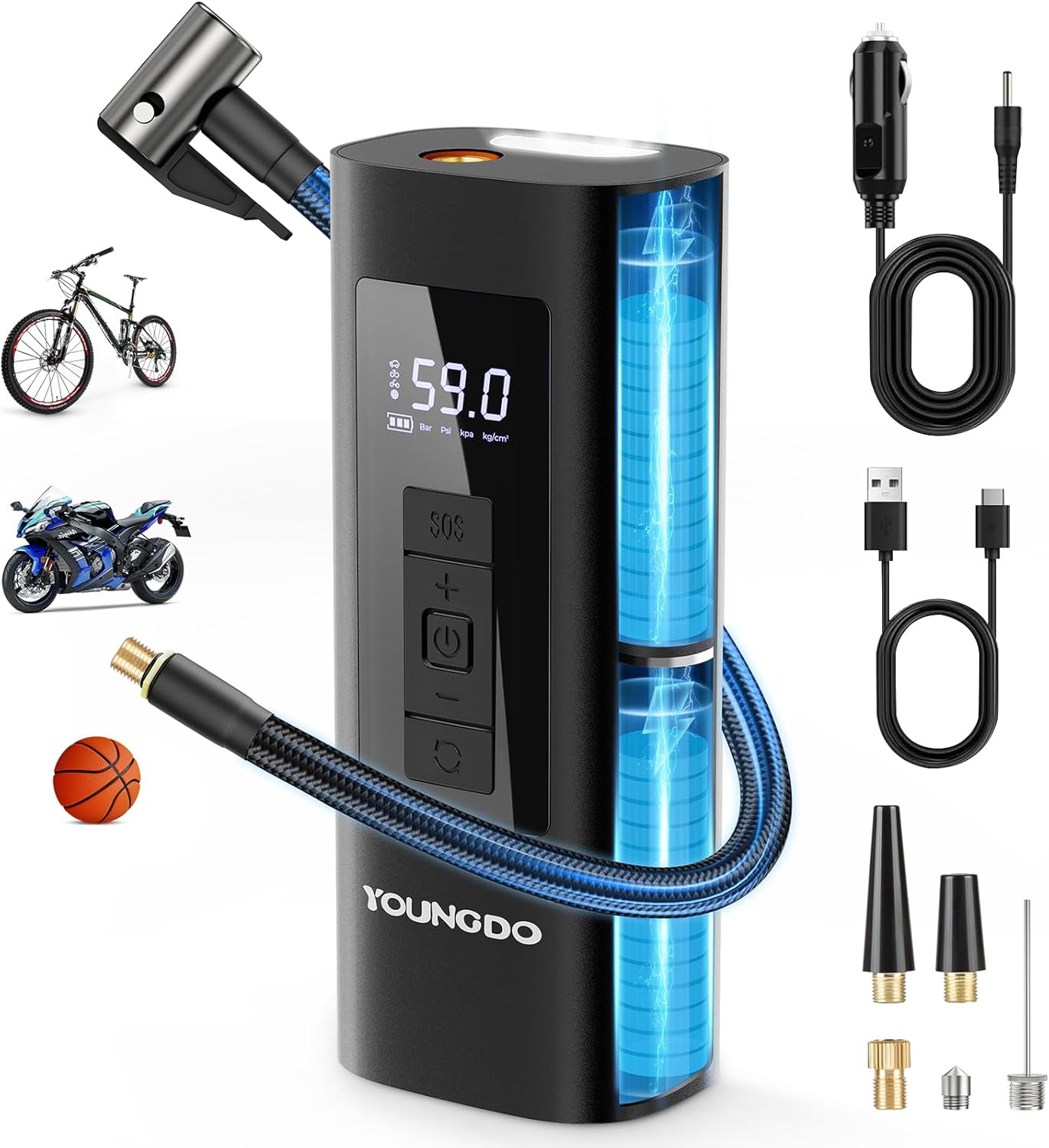 YOUNGDO Tire Inflator Portable Air Compressor, 150 PSI Air Pump with Pressure Gauge and LED Light for Car, Motorcycle, Bike and Balls