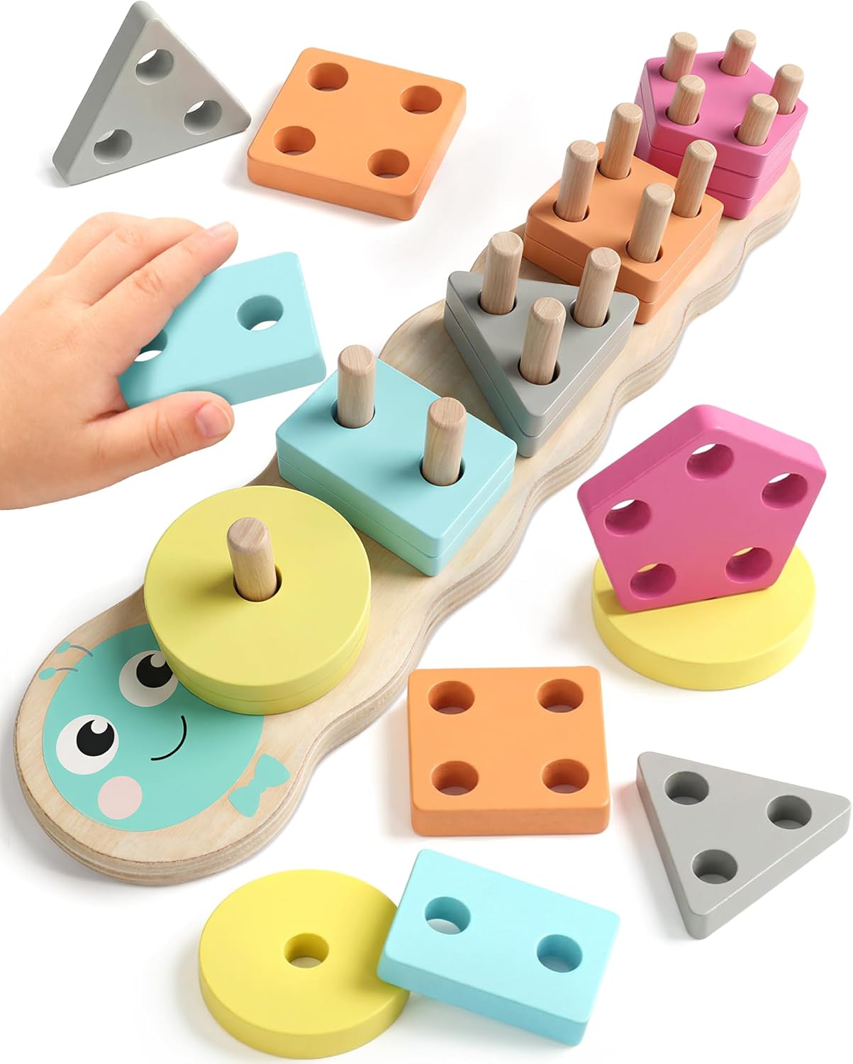 Zeewoo Montessori Toys for 1 2 Year Old Girl Gifts Educational for 1-3 Year Old Caterpillar Wooden Shape Sorter Stacking Toys for Toddlers 2-4 Preschool Learning Toy Birthday Boy Girl Gift