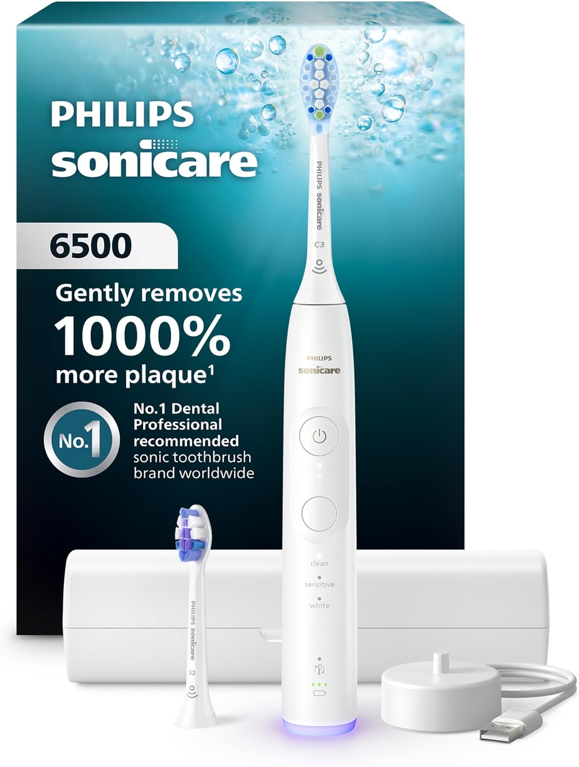 Philips Sonicare 6500 Series Electric Toothbrush - Next-Generation Sonicare Technology, Pressure Sensor, 9 Brushing Settings, SmarTimer, BrushPacer, 21-Day Runtime, Travel Case, White, HX7410\/10
