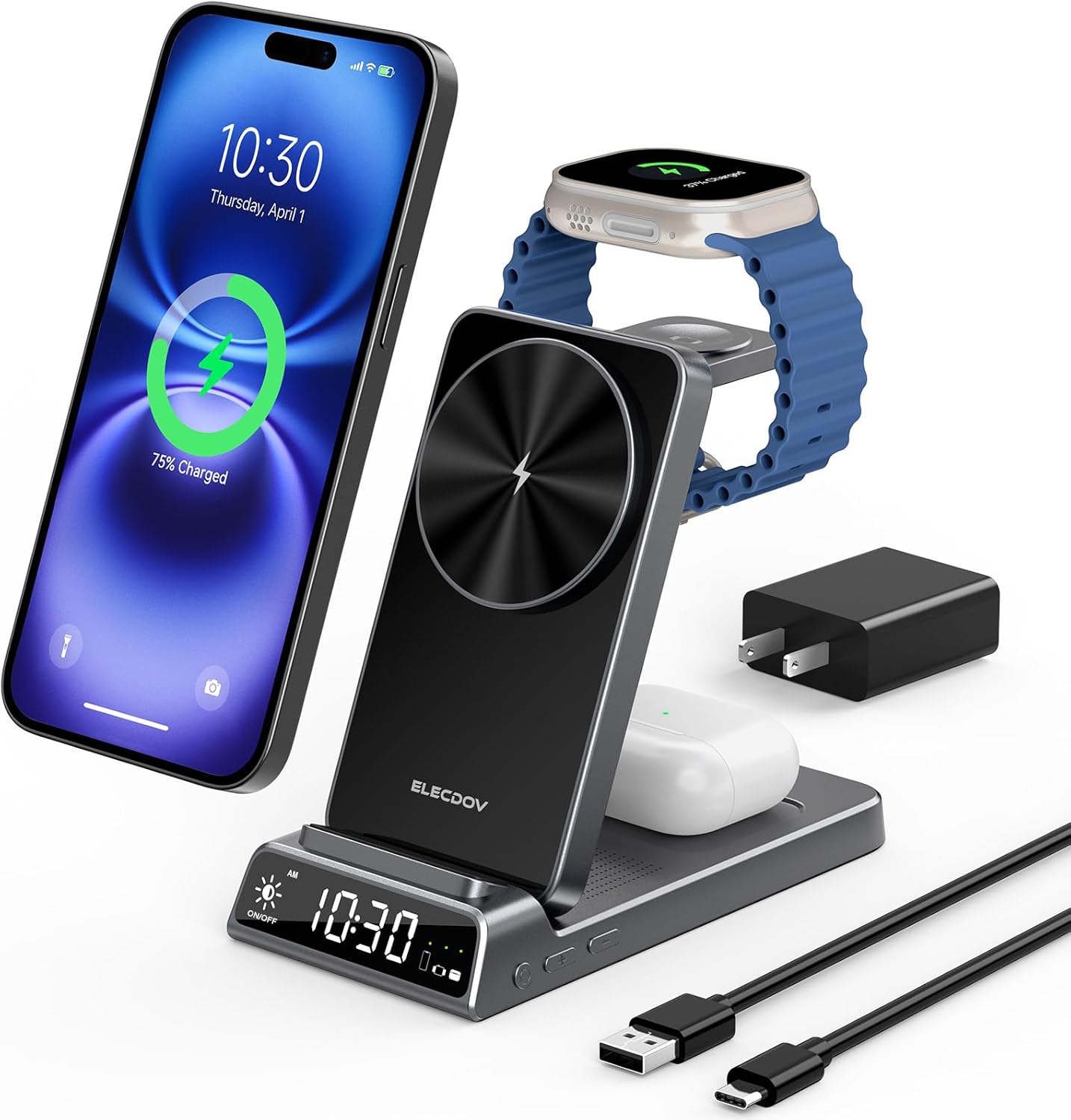 3 in 1 Charging Station for Apple, ELECDOV Magnetic Charger for iPhone, Foldable Wireless Charger with Clock, Travel Watch Charger Stand for iPhone 17\/Air\/16\/15 Series, iWatch 10\/AirPods 4 (Grey)