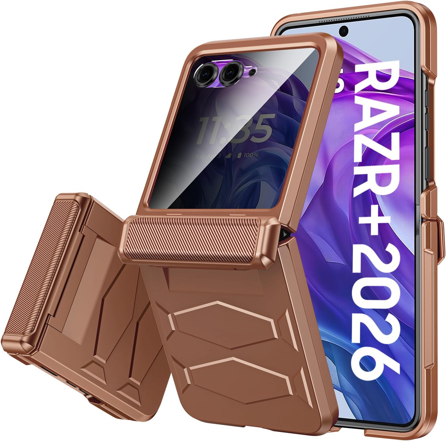 Vizvera for Motorola Razr+(Plus) 2026 Case with Hinge Cover,Built-in Privacy Screen Protector Shockproof All-Inclusive Smartphone Cover Wireless Charging for Motorola Razr+(Plus) 2026(Desert Gold)