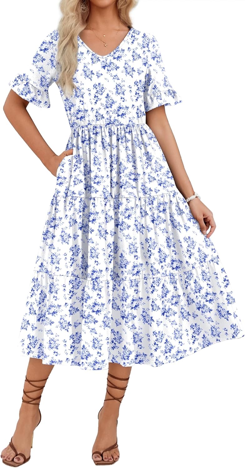 ZEAGOO Women's Summer Dresses Midi Tiered Casual Dress Floral V Neck Ruffle Short Sleeve Flowy Beach Dress with Pockets
