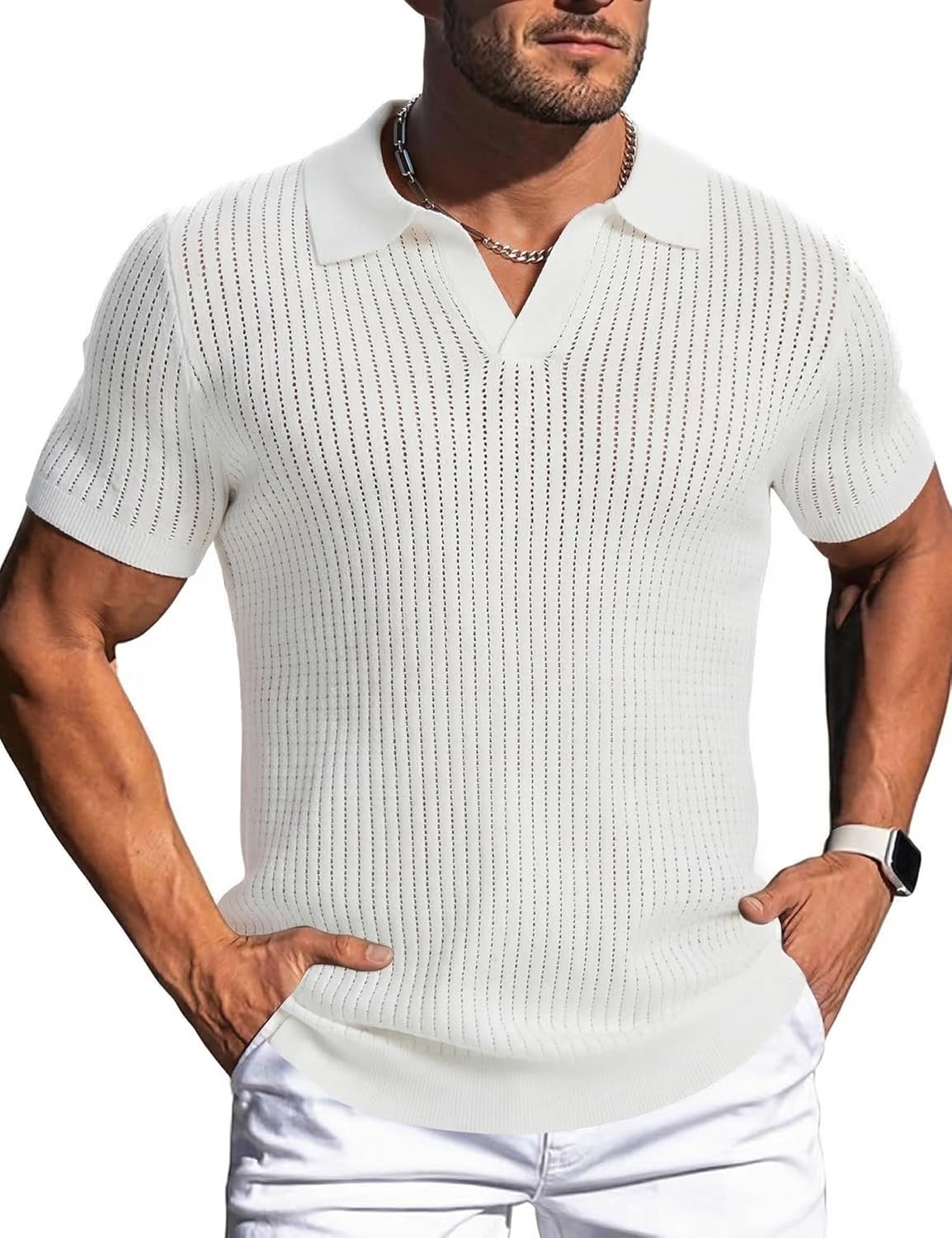 gigkik Mens Polo Shirts Ribbed Hollow Knit Polo Shirt Short Sleeve Muscle V Neck Golf Tees