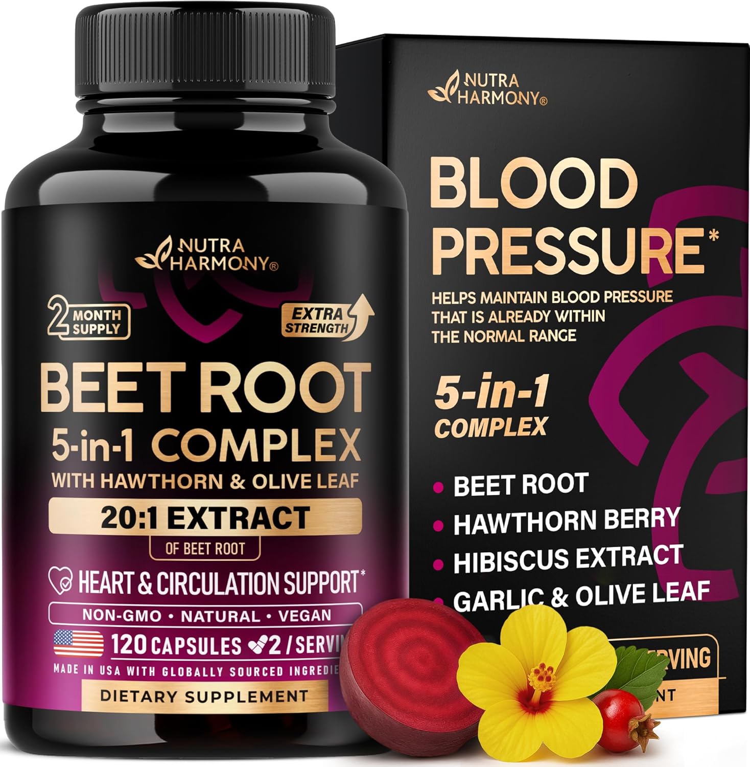 Beet Root Capsules - Healthy Blood Pressure Support Supplement** for Heart &amp; Circulation Support - with Hawthorn Berry, Hibiscus &amp; Garlic - Nitric Oxide for Energy - Made in USA, 120 Capsules