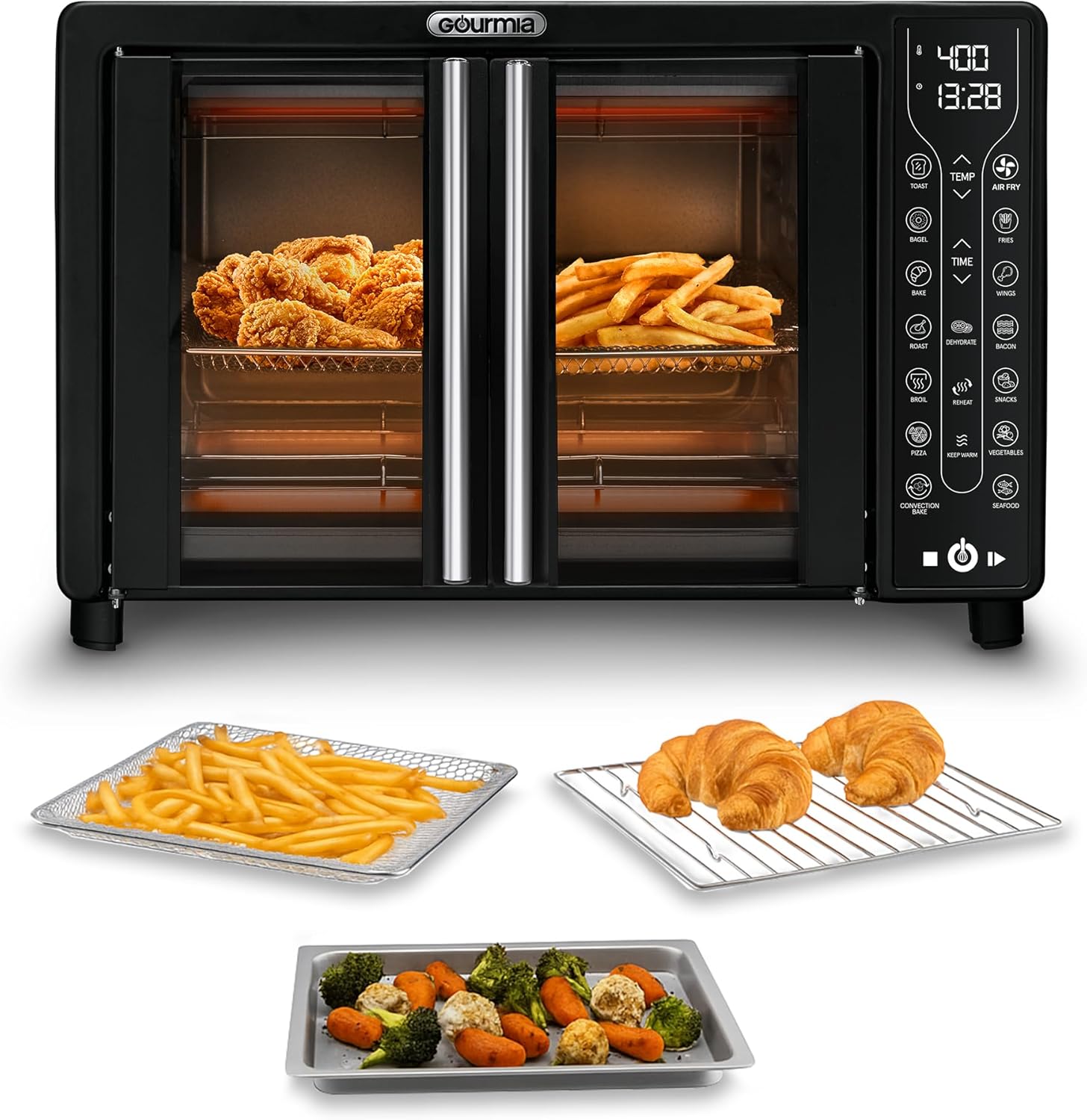 Gourmia French Door Air Fryer \u2013 25 Qt Large Capacity Convection Oven, Fryforce 360°, Digital Display with 17 Cooking Presets, Bake, Toast, Roast, Dehydrate, Fits 12\u201D Pizza