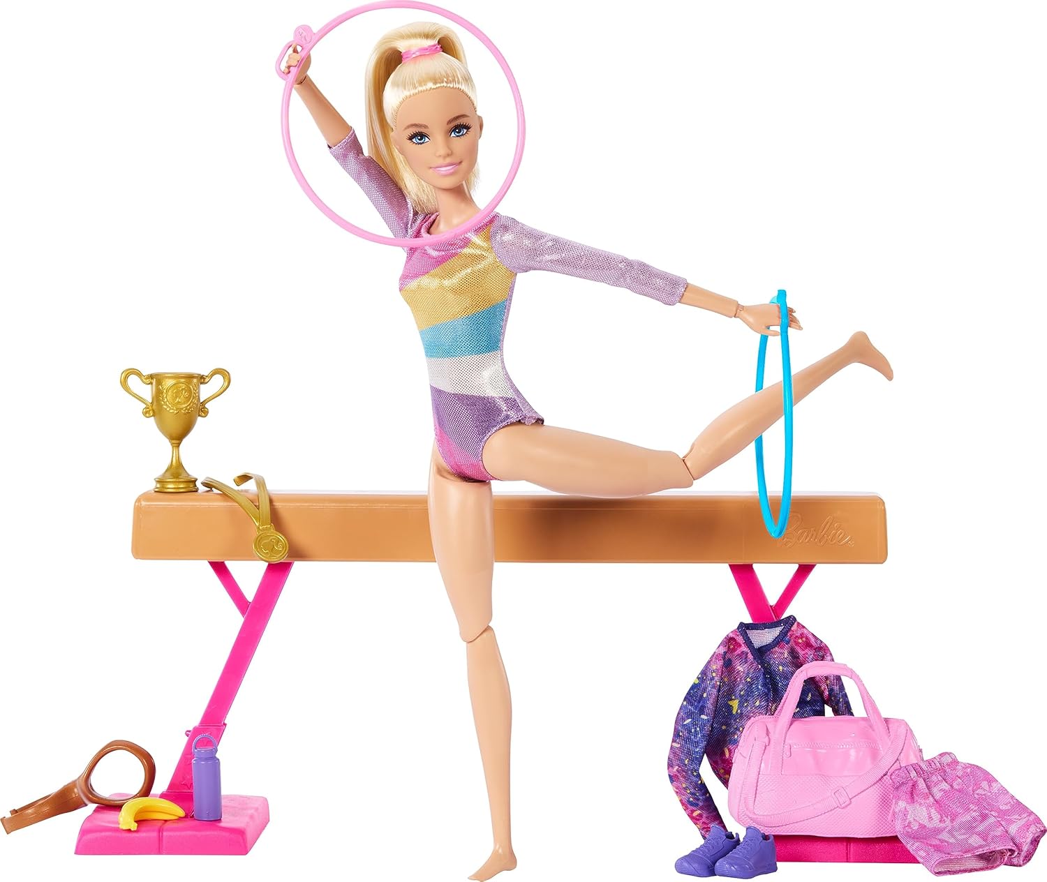 Barbie Gymnastics Doll &amp; Accessories, Playset with Blonde Fashion Doll, C-Clip for Flipping Action, Balance Beam, Warm-Up Suit &amp; More