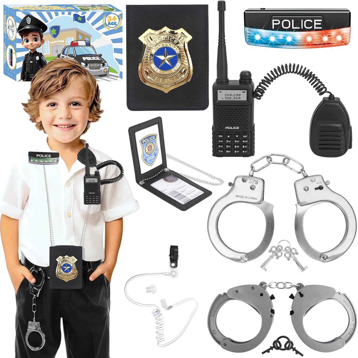 IVENRXIU Police Toys, Police Pretend Play Toys for Kids Boys and Girls, Role Play Set with Police Accessories, Handcuffs, Warning Light, Police Badge, Birthday Halloween Christmas Gifts