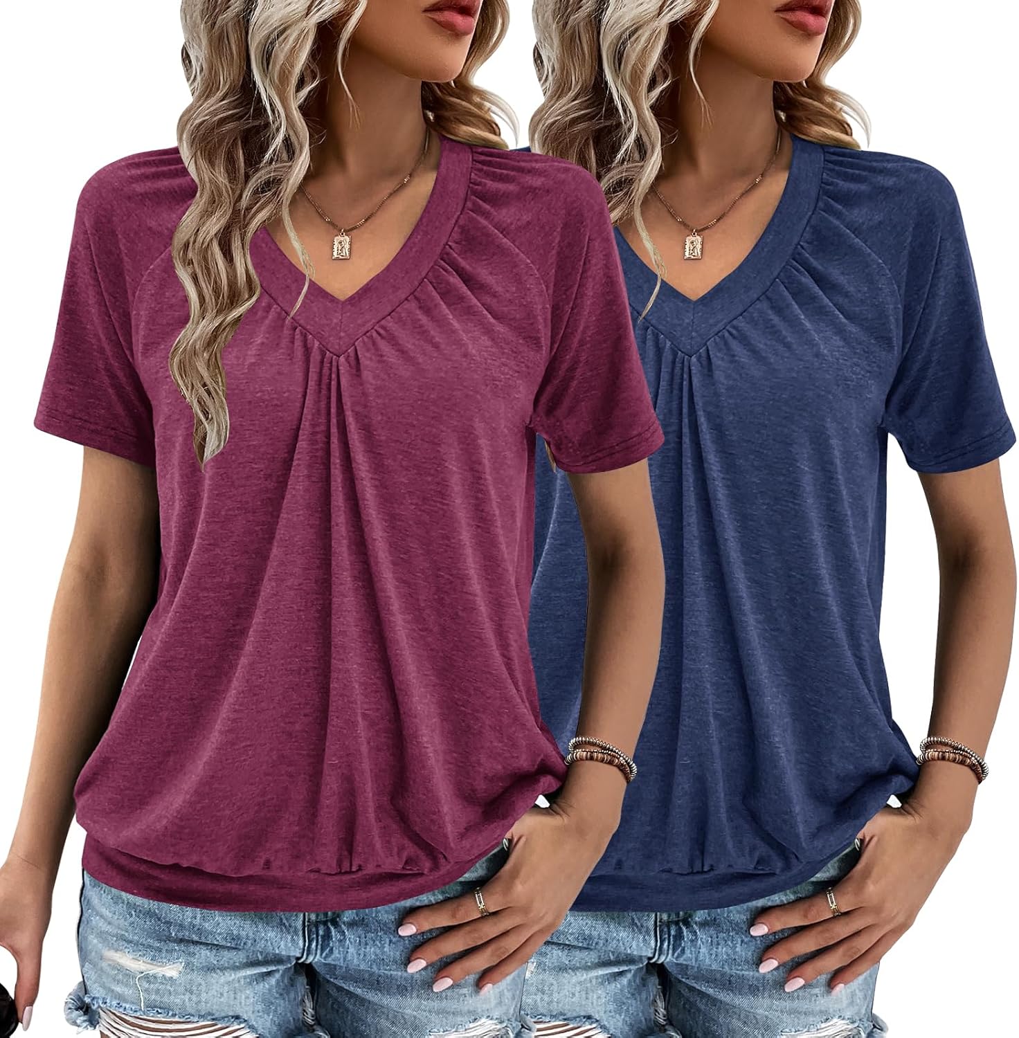 AIZHINENG 2 Pack Summer Tops for Women V Neck Shorts Sleeve Casual Ruched Tops Women T Shirts Clothes Trendy 2026