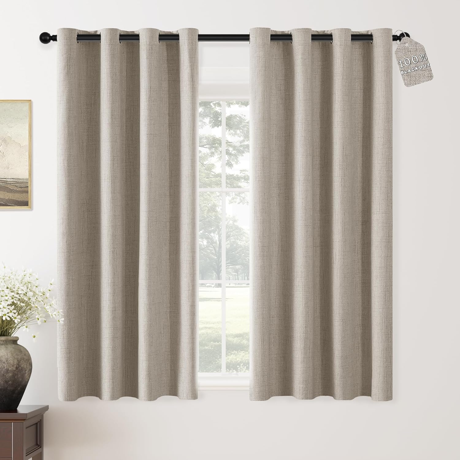 ChrisDowa Linen Blackout Curtains 63 Inch Length 100% Blackout Curtains Thermal Insulated Room Darkening Grommet Window Treatment Drapes for Bedroom Farmhouse 2 Panels, Natural Linen 52" W x 63