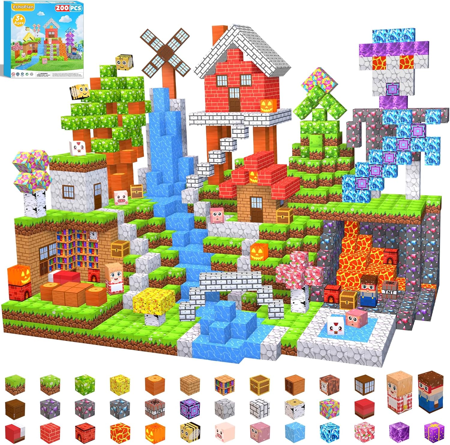 EchoPlan 200PCS Magnetic Blocks, Magnetic Building Blocks, Magnet Blocks Cubes, STEM Educational Stacking Magnet Toy for Kids Ages 3 4 5 6 7 8 9 10 11, Birthday Gifts for Boys and Girls, 1" Large 