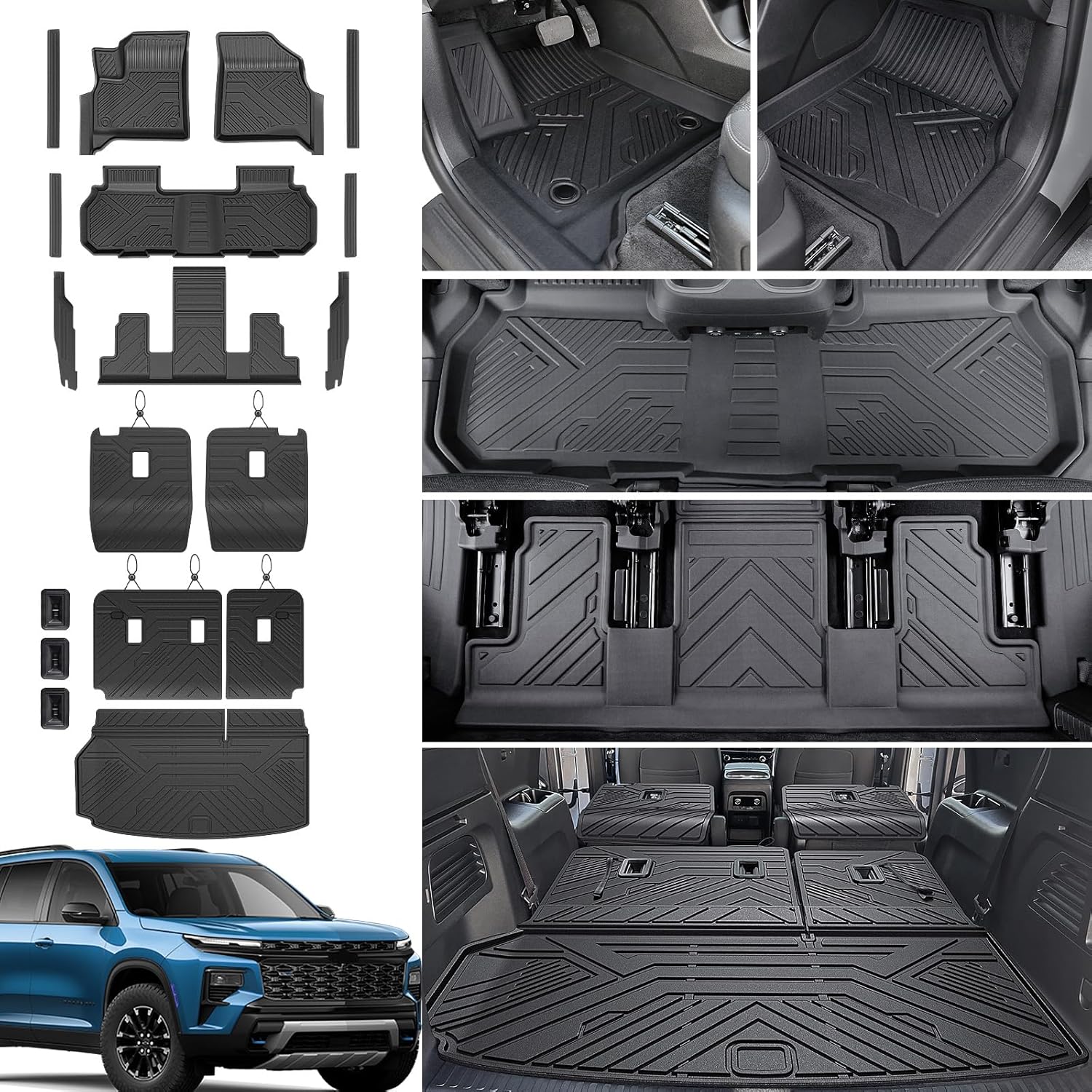 JOULARISE Floor Mats Set for 2024 2025 2026 Chevy Traverse &amp; 2025 2026 Buick Enclave 7 Seats Captain Chairs, TPE All Weather Cargo Liner Trunk Mat Door Sill Guards Car Accessories