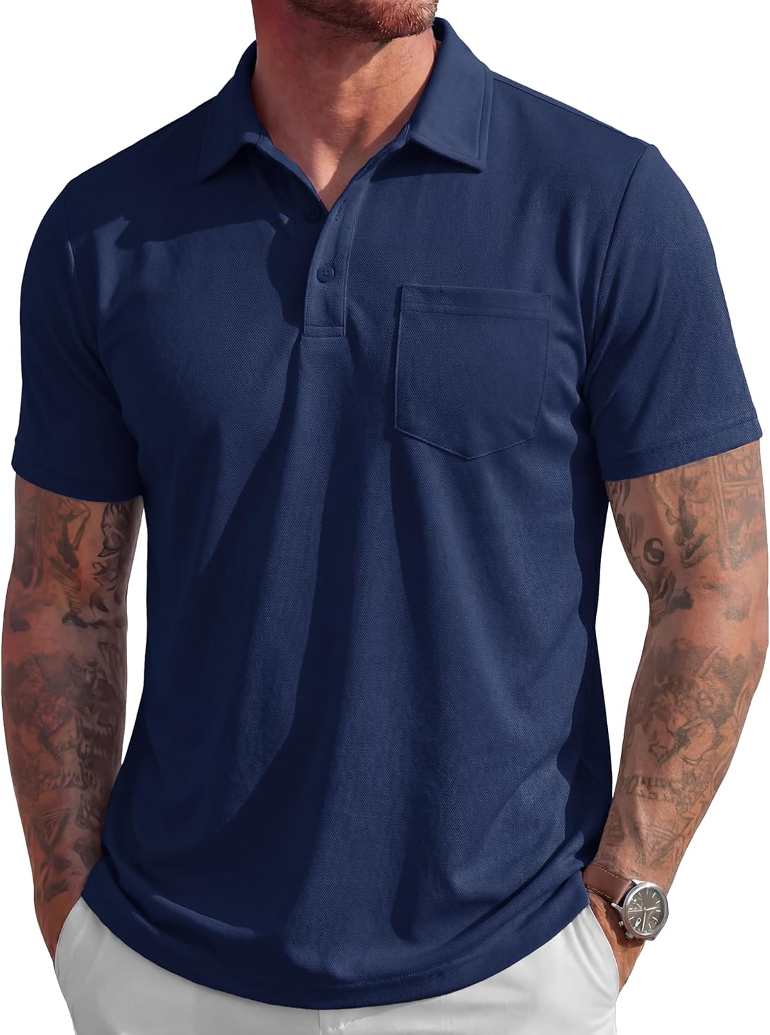 MAGCOMSEN Mens Polo Shirts Short Sleeve Cotton Pique Golf Shirts with Pocket Casual Performance Moisture Wicking Polos