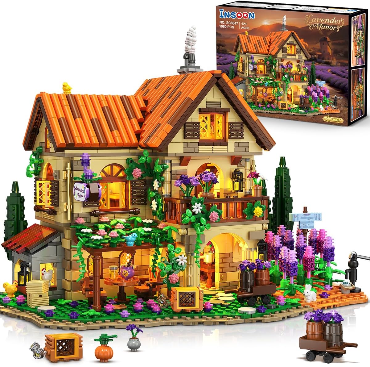 INSOON Lavender Manor House Building Set with Lights, 1960 PCS Lavender Estate Construction Model Home Decor, Romantic Lavender Flowers Cottage Building Block Kit Gift for Adults Teens Boys Girls 12+