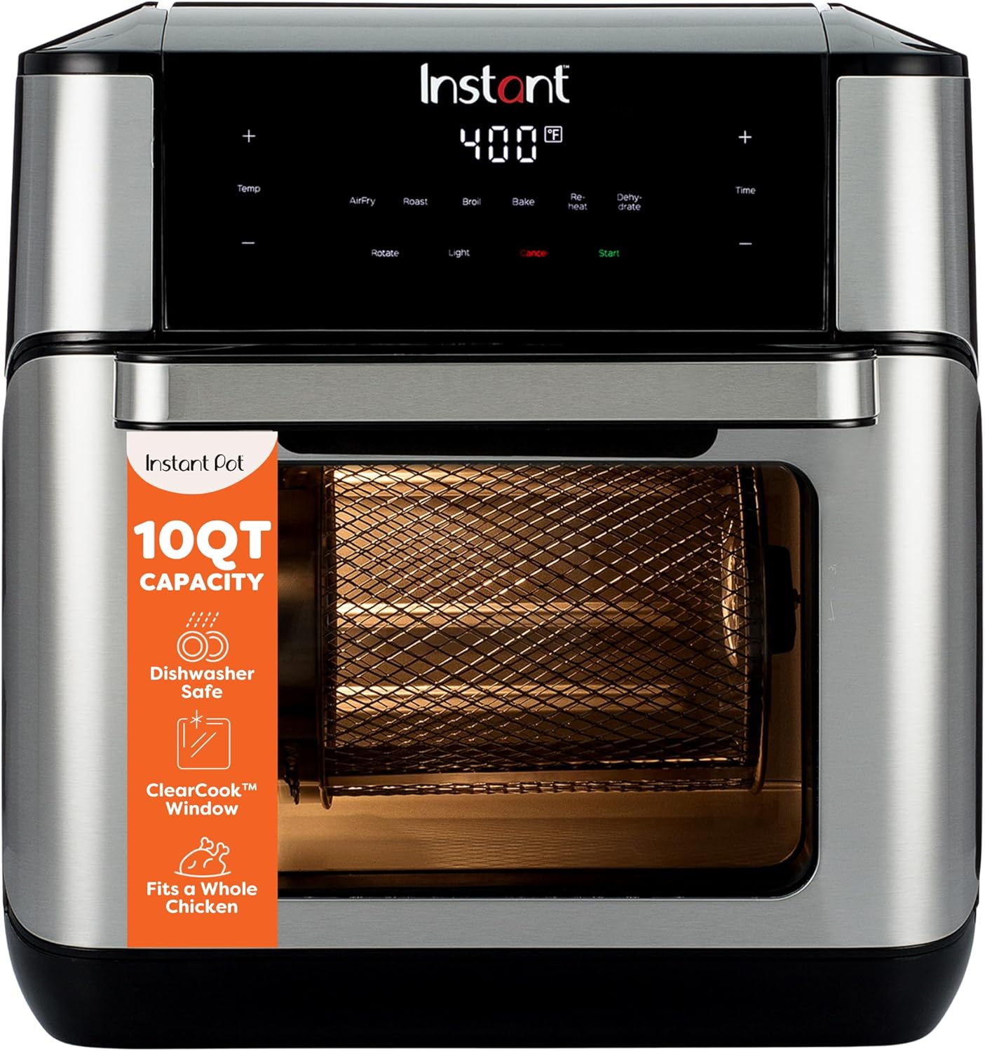 Instant Pot 10QT Air Fryer, 7-in-1 Functions with EvenCrisp Technology that Crisps, Broils, Bakes, Roasts, Dehydrates, Reheats &amp; Rotisseries, Includes over 100 In-App Recipes, Stainless Steel