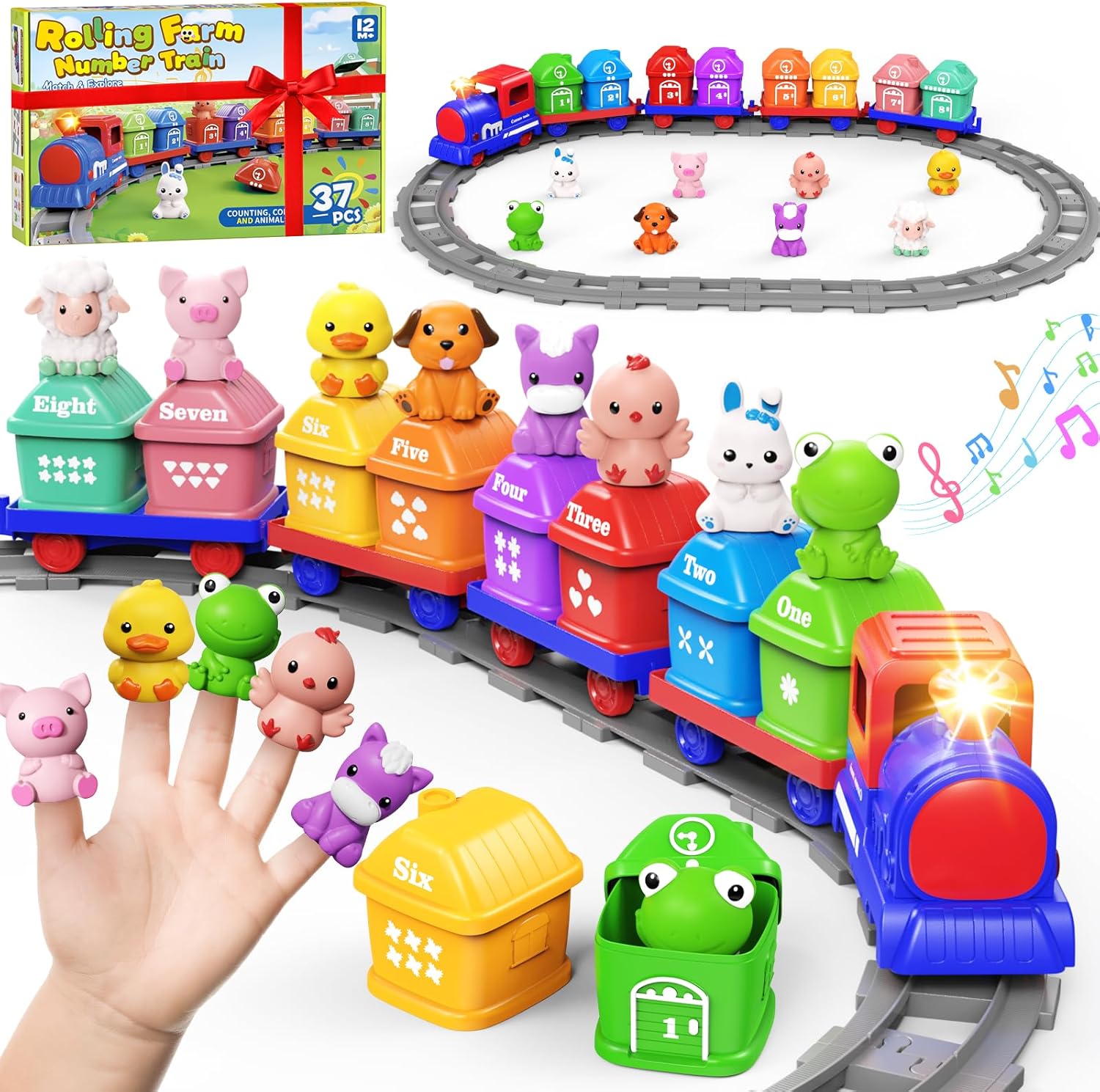 Cmiolacuna Train Set for Toddlers 2-4, Electric Toy Train with Farm Animals &amp; Music &amp; Lights, Montessori Counting &amp; Sorting Learning Toys for 1 2 3 Year Old Boys Girls, Christmas Easter Bi