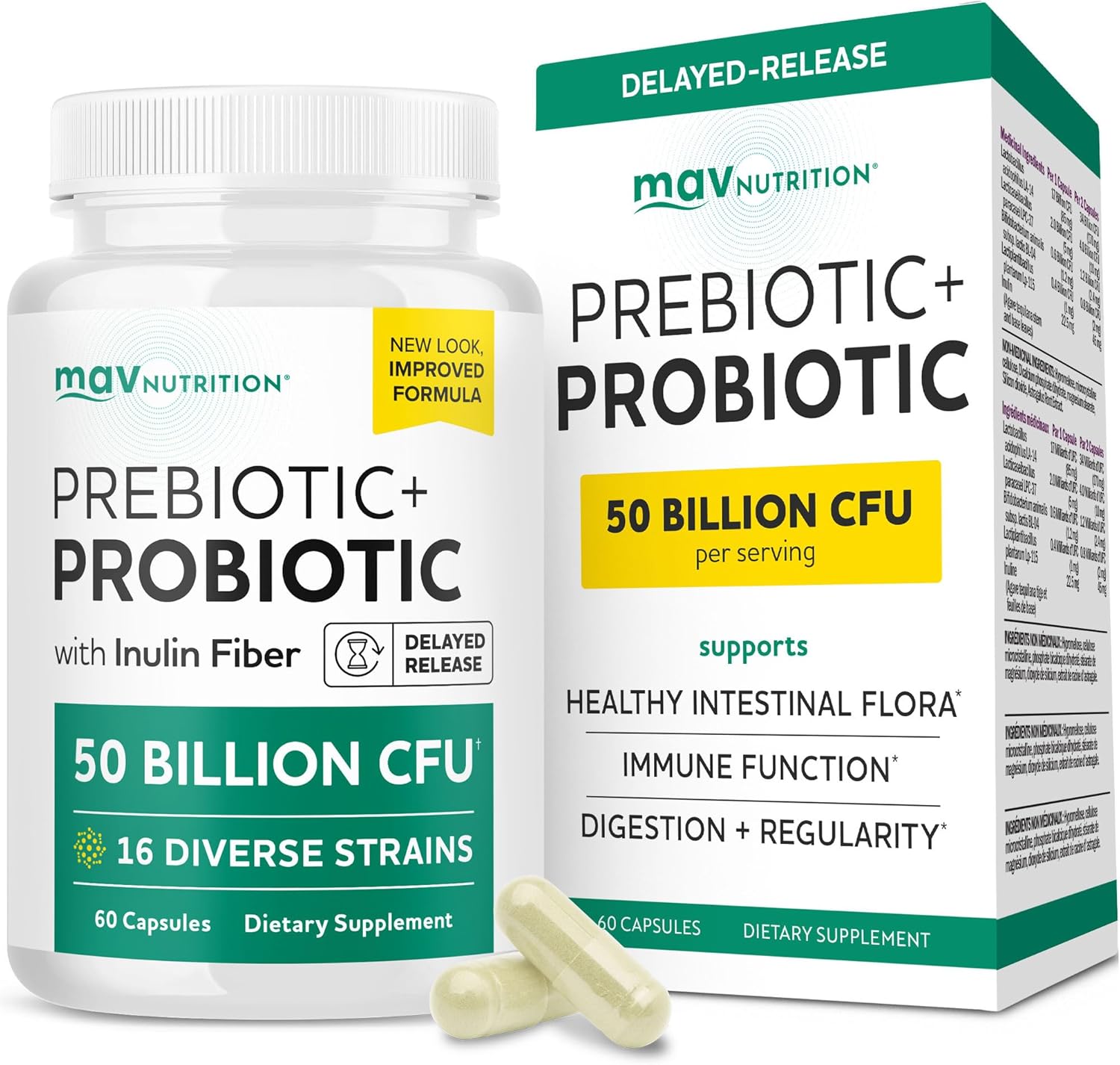 Prebiotics and Probiotics | 50 Billion CFU, 16 Probiotic Strains &amp; Inulin Prebiotic Fiber | Delayed Release Capsules | Gut Health Support | Prebiotics and Probiotics for Women &amp; Men | Non-GMO 
