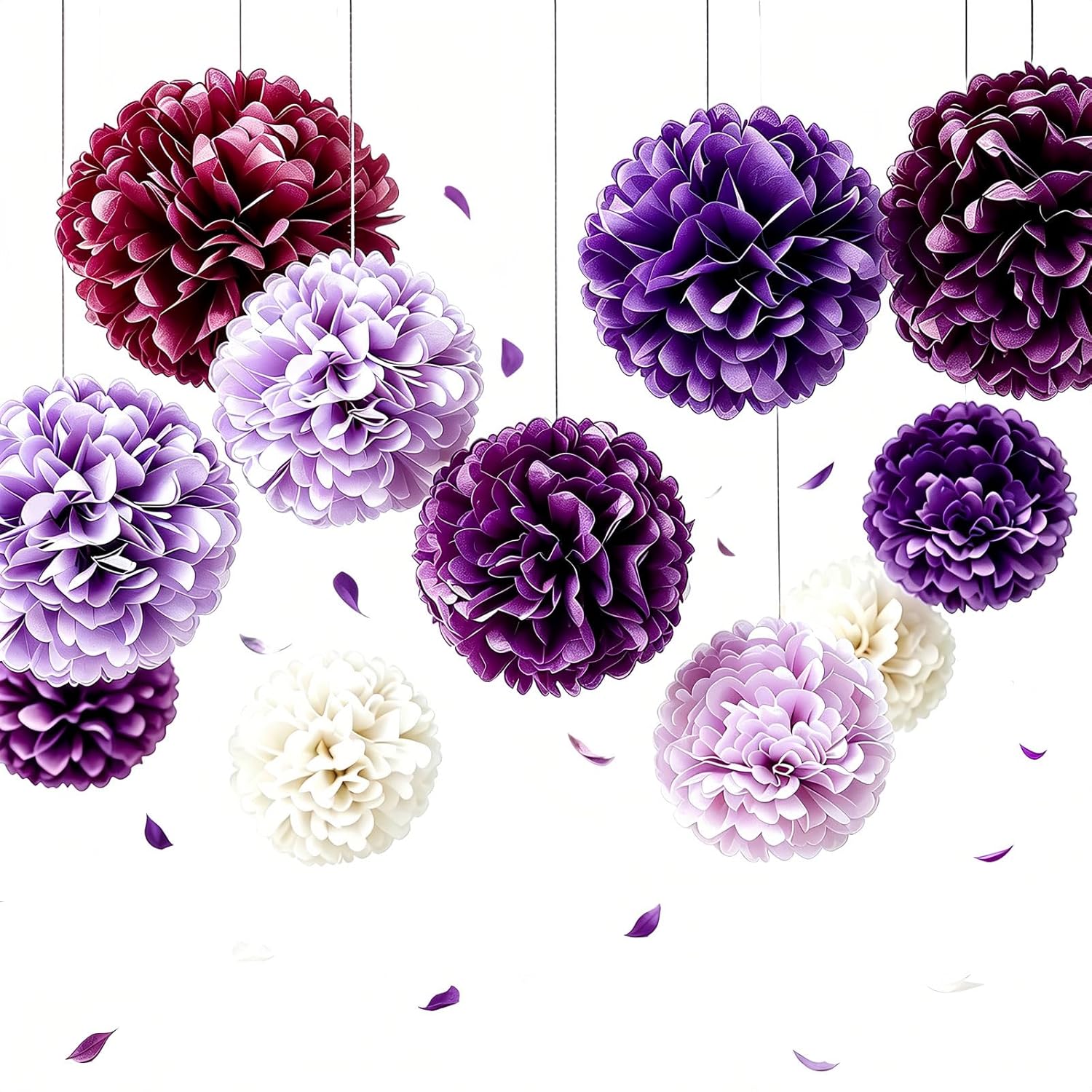 AimtoHome Purple Paper Flower Balls, 12pcs Hanging Tissue Pom Poms Decorations, Dark Lavender Lilac Cream, for Wedding Bridal Shower, Tea Party, Halloween, Bachelorette, Birthday, Baby Shower Decor