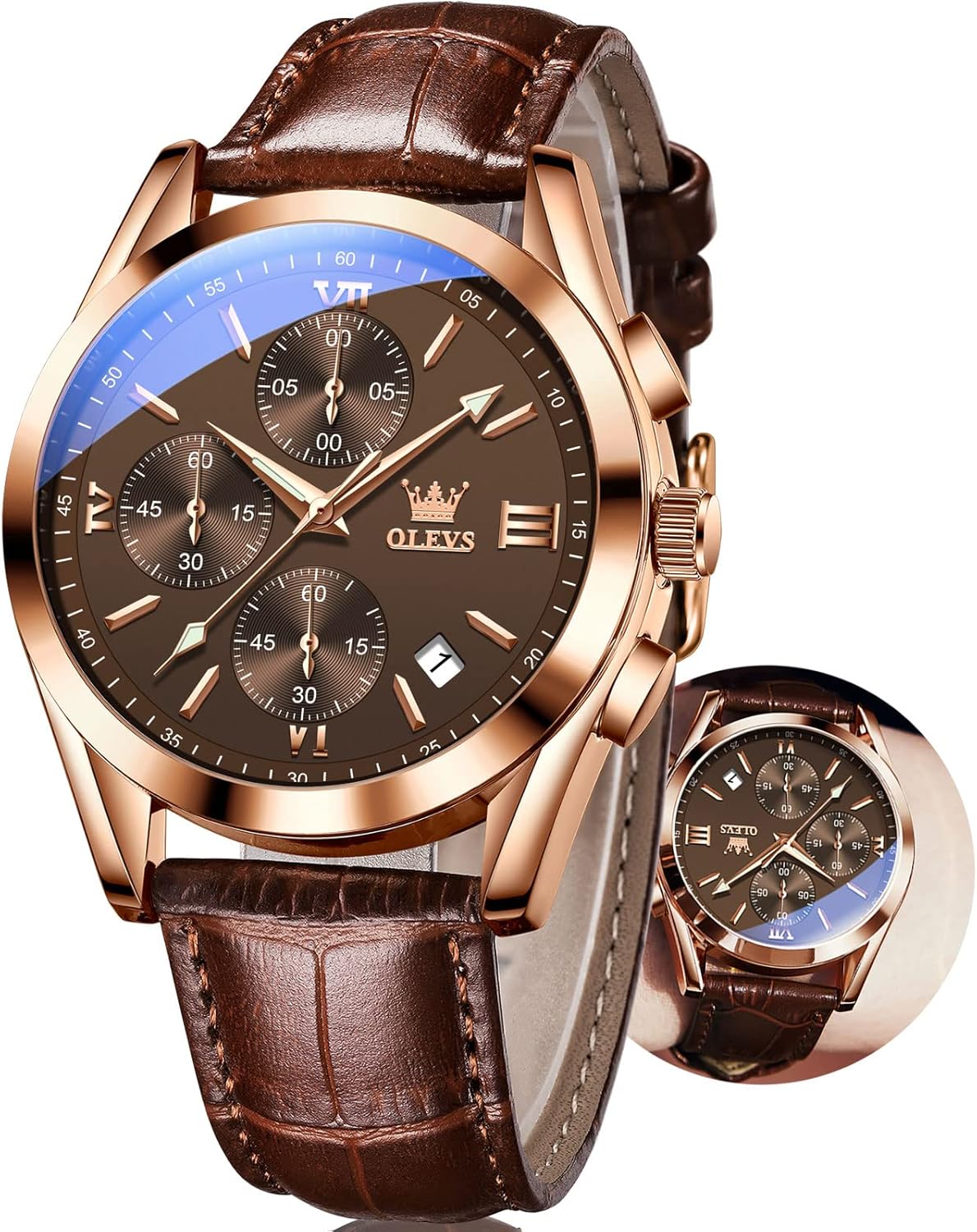 OLEVS Men's Watches Brown Leather with Date,Casual Watches for Men,Large Face Watches Men,Chronograph Mens Watch,Sport Waterproof Business Dress Analog Quartz Men's Wrist Watches Reloj De Homb