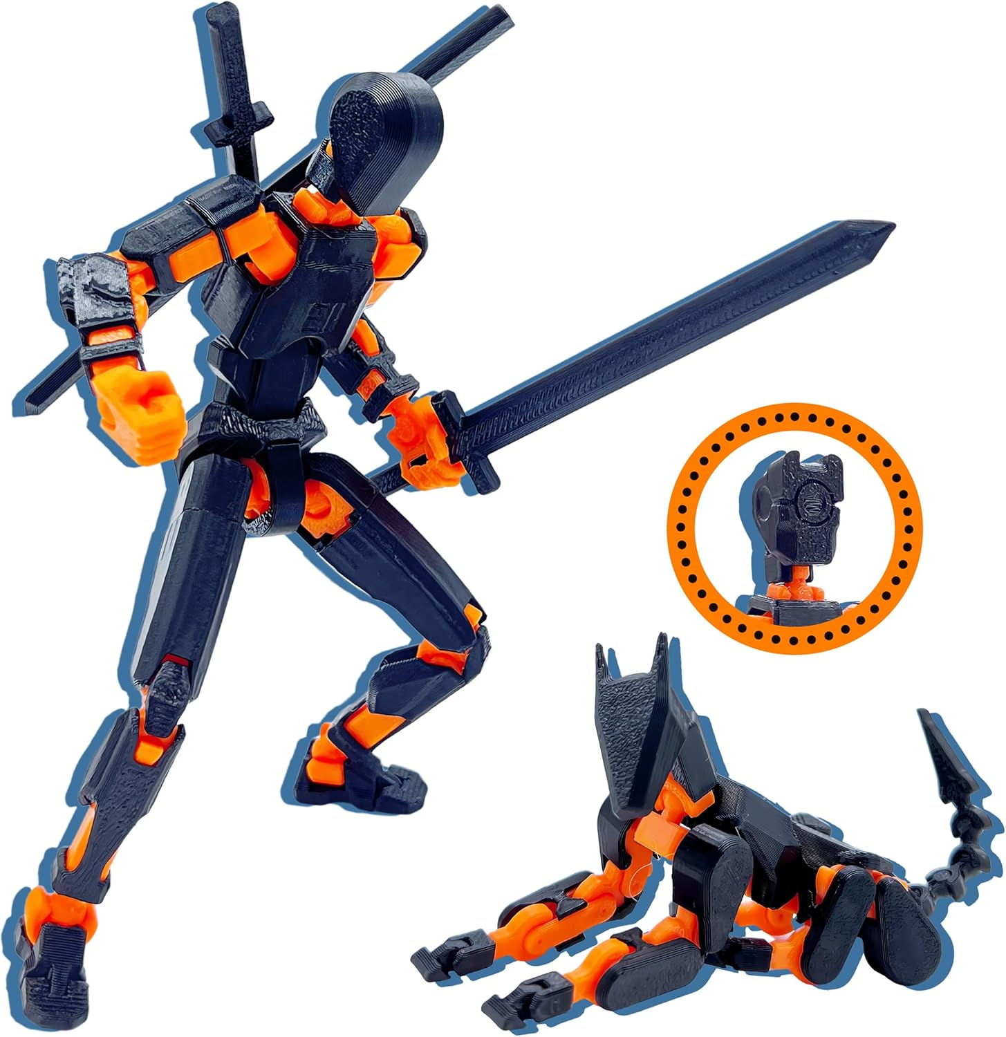 Uodofy (Assembly Completed) T13 3D Action Figure Set,Dummy Robo Titan 13 Action Figures,3D Printed Multi-Jointed Toy (Black + Orange)
