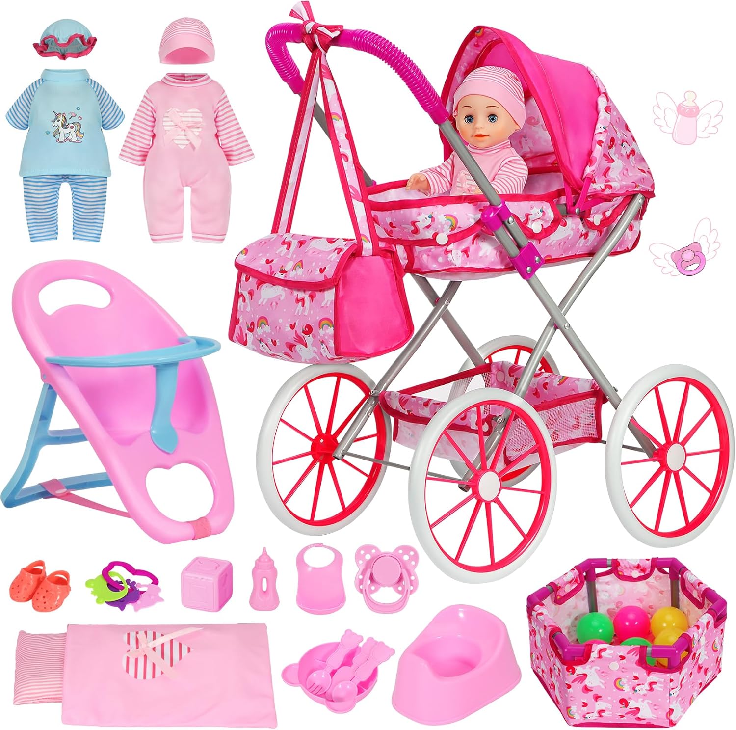DRAMATION Baby Doll Stroller Set for Girls Toddlers 3-5 4-6, Baby Doll Set with 11'' Doll, Foldable Unicorn Doll Stroller, Playpen, Dining Chair and 24 PCS Baby Doll Accessories, Baby Stroller